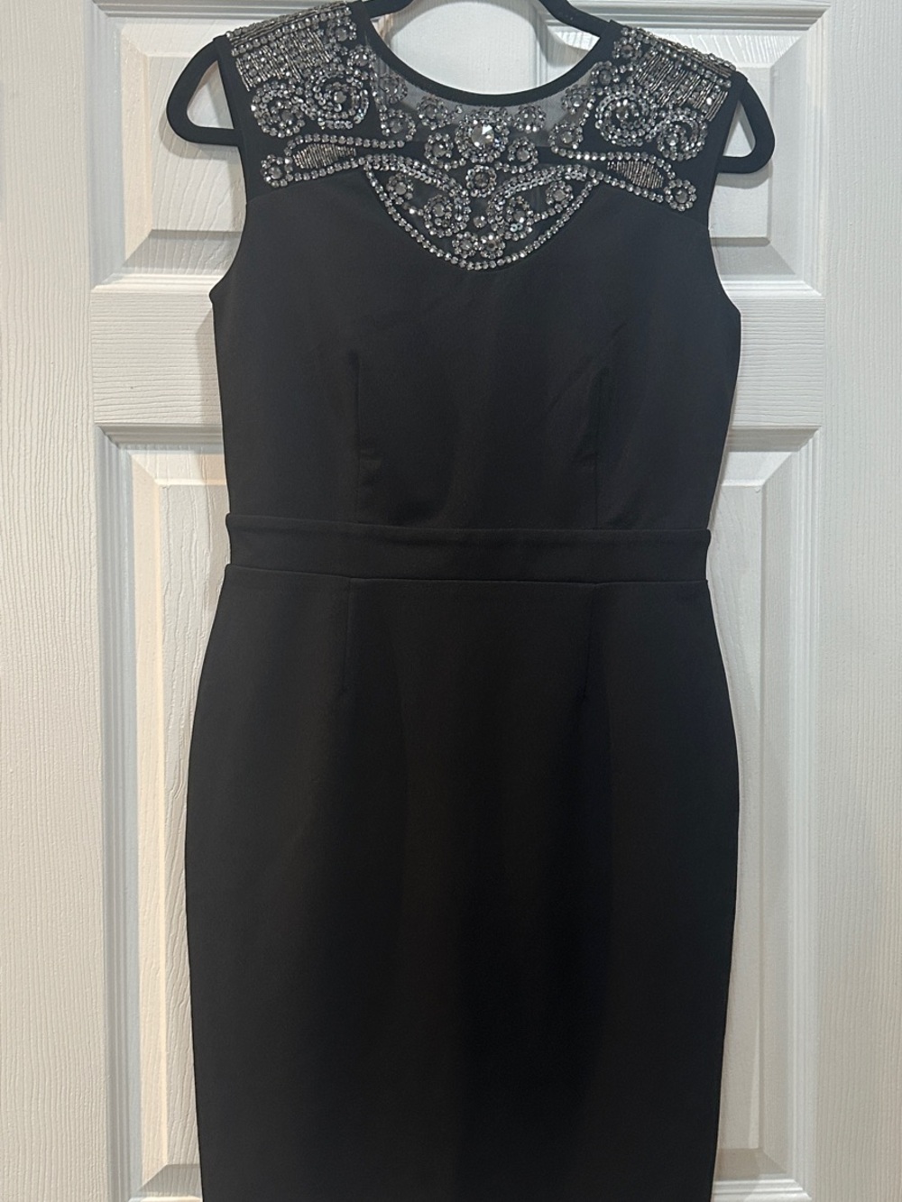 Black Embellished Midi Sheath Dress with Crystal Yoke